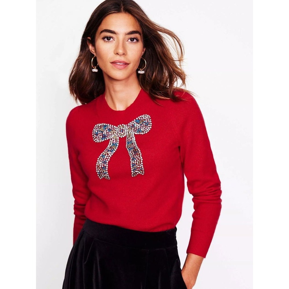 Boden Fenella Embellished Jumper Red Wool Blend Bow Rhinestone Sweater Medium